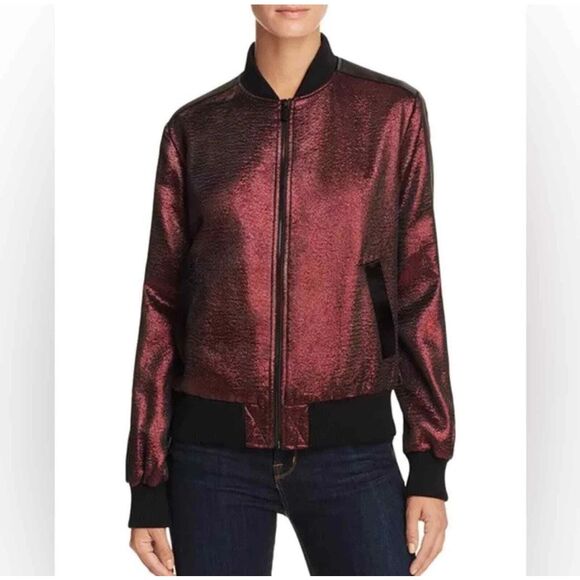 Cinq a Sept Venus Metallic Lame Bomber Jacket Ruby Size XS - Picture 2 of 7